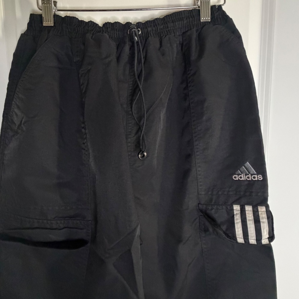 Vintage Adidas Adjustable Mens Black Nylon Cargo‎ Windbreaker Track Pants 26x29